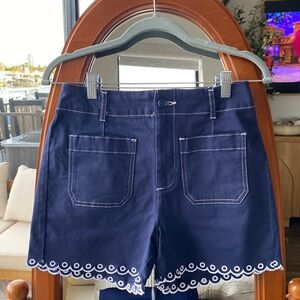Bagatelle Blue & White High Waisted Shorts with Scalloped Hem